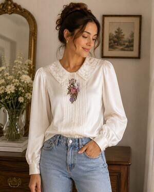 Vintage Nilani Ivory Satin Blouse Size 6 Lace Collar Floral Embroidered Romantic
